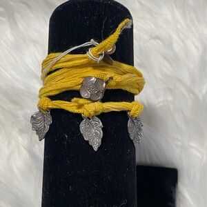 Yellow Wrap Bracelet with Silver Leaf Charms on silk cord